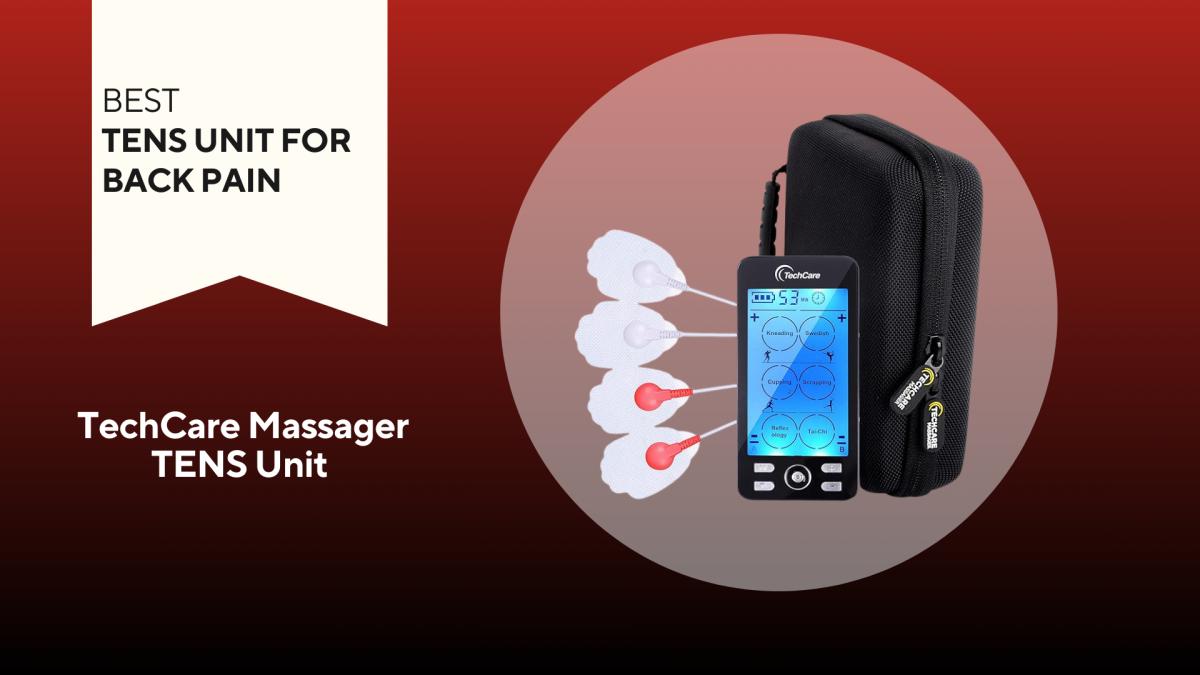 Photo of a TechCare Massager TENS unit against a red background